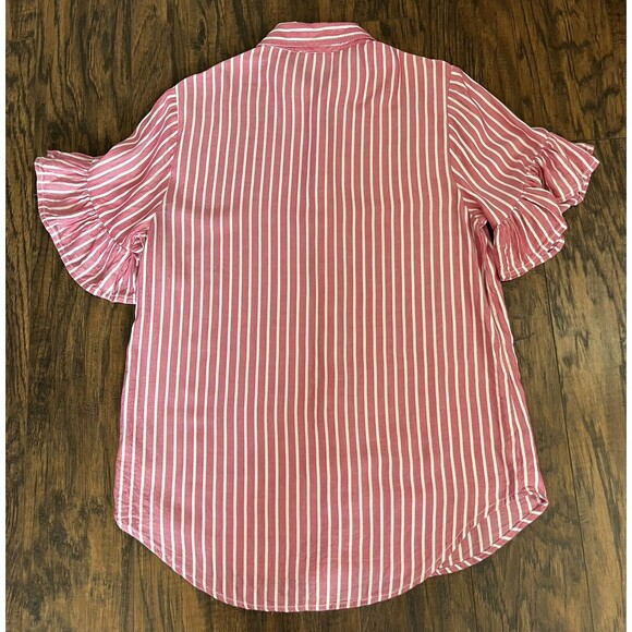 BeachLunchLounge Salmon/Pink Striped Button Down Collared Flared Sleeve Shirt XS - Picture 12 of 12